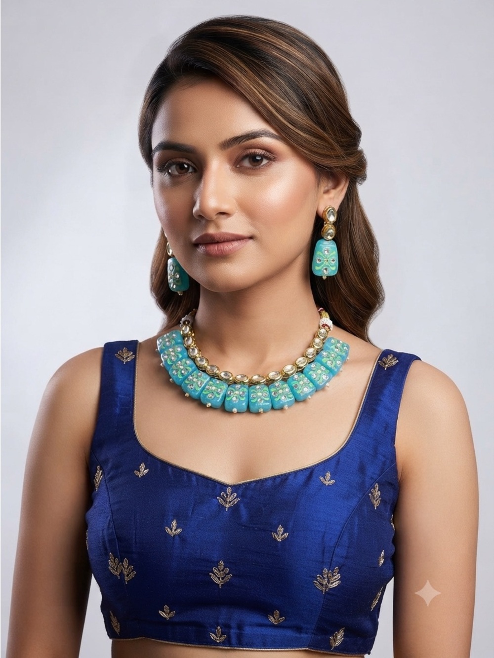 Kundan Blue Beaded Choker Necklace Set | Indian Floral Statement Jewelry - Picture 4 of 11